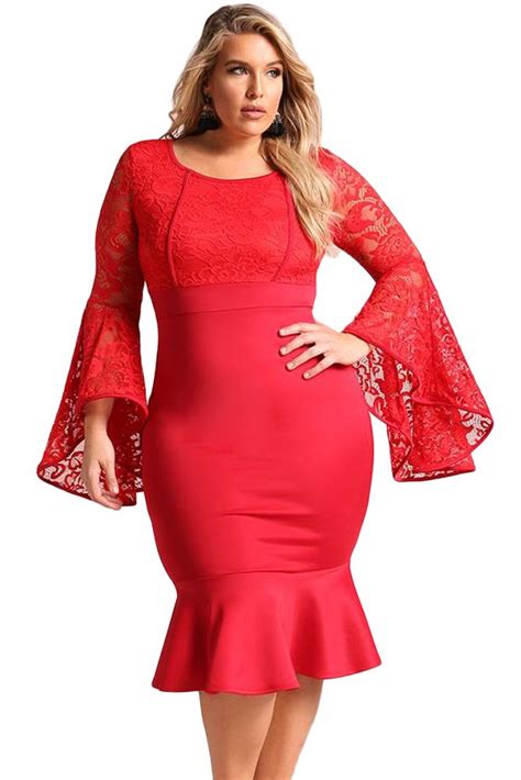 Red Plus Size Lace Bell Sleeve Mermaid Bodycon Dress Lace Dress With Sleeves Plus Size