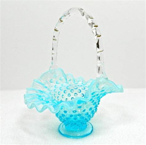 Fenton Hobnail Blue Basket With Clear Handle Sky Blue Fading To Milky White Edges 6 Inches Tall