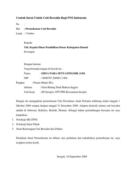 Contoh surat permohonan cuti sakit. Contoh Surat Untuk Cuti Bersalin Bagi PNS Indonesia