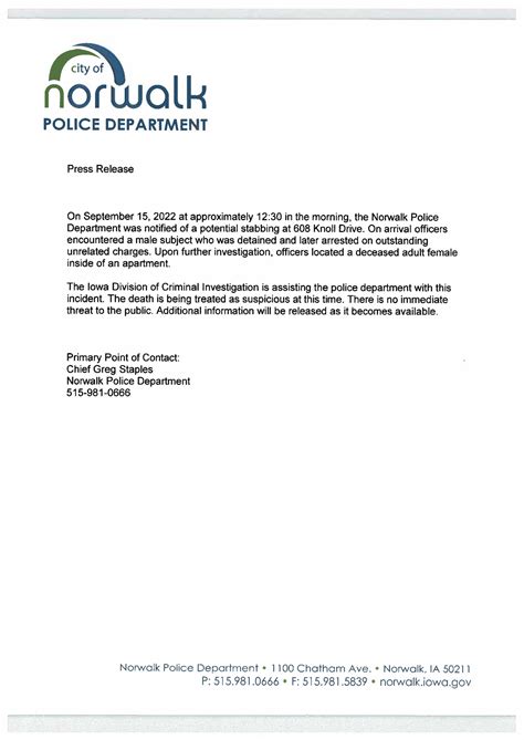 UPDATE #3 - DCI ASSISTING NORWALK POLICE WITH DEATH INVESTIGATION - EIN