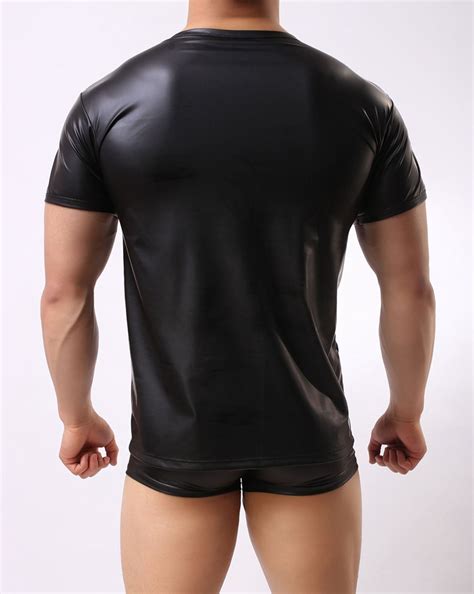 Sexy Faux Leather Mens Black Short Sleeve T Shirt Sexy Undershirt Top