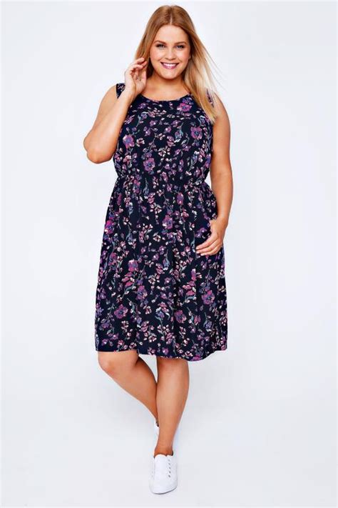Navy And Pink Floral Print Sleeveless Dress With Pockets Plus Size 16 To 32