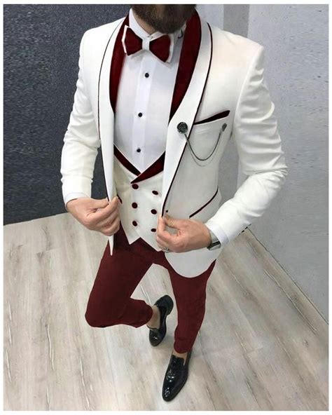 Classyby Cb Ivory Wedding Tuxedos With Burgundy Lapel Groom Suits