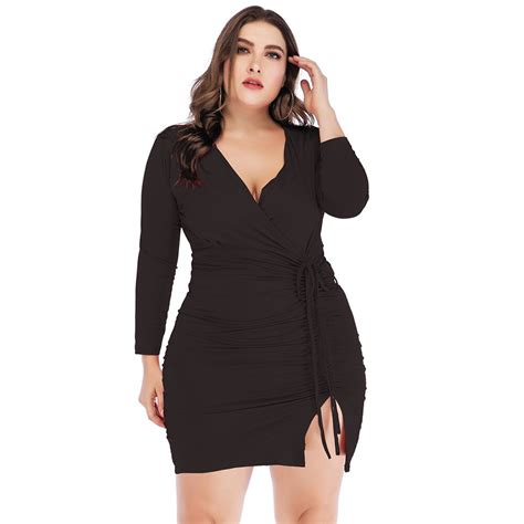 Wipalo Plus Size Deep V Neck Solid Pencil Dress Women Spring Fall