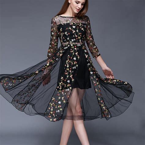 Lace Embroidery Flower Black Dress Clothes