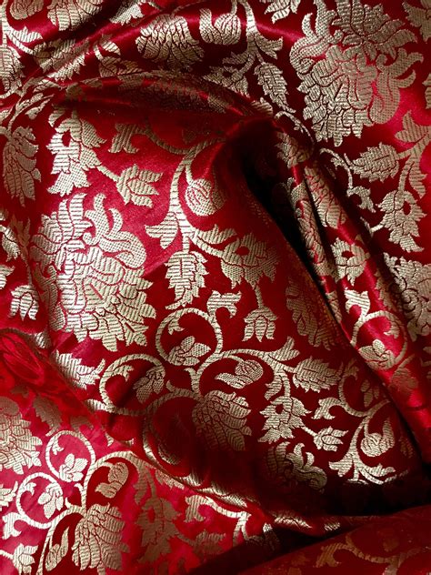 40 Off Indian Brocade Fabric Red And Gold Brocade Indian Etsy
