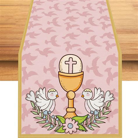 Pink First Communion Table Runner Baptism Tablecloth God