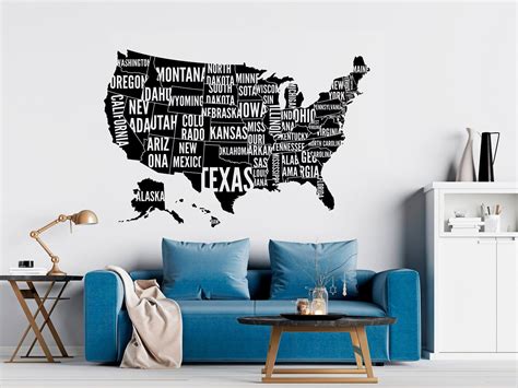 Large Usa Map Wall Decal Usa Map Wall Sticker United States Etsy
