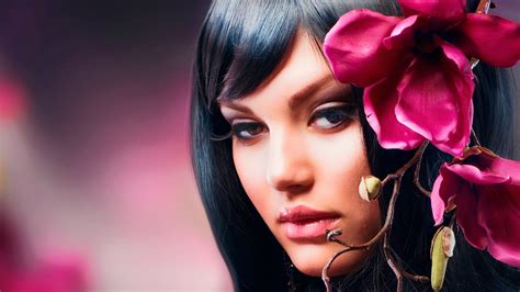 Wallpaper Face Women Model Brunette Red Fashion Flower In Hair