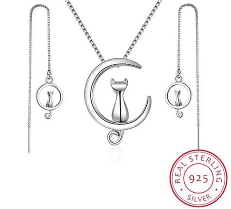 Cat Necklace925 Silver Moon Cat Earrings Jewellery Cat And Etsy Uk In