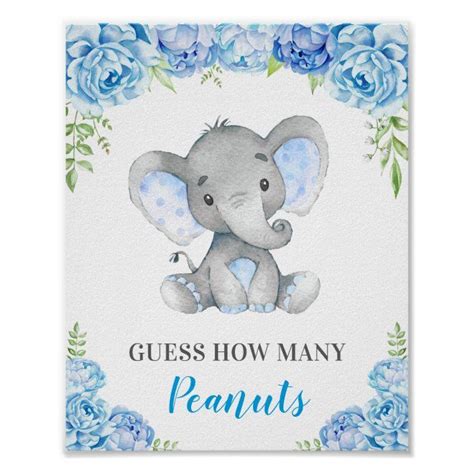 Guess How Many Peanuts Elephant Baby Boy Shower Poster Zazzle