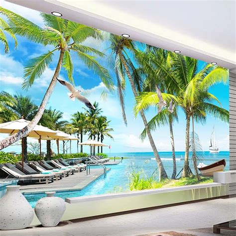 Custom 3d Wallpaper Living Room Seascape Sea Island Sailboat Coconut