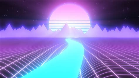 Synthwave Landscape Of Glowing River Mountains And Retro 80s Sun 4k