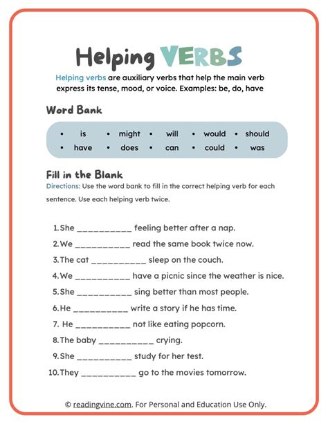 High School Helping Verbs Worksheets
