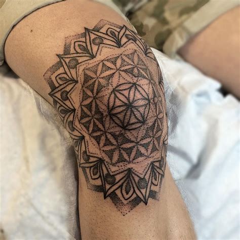 dot work sacred geometry mandala tattoo on the right knee knee tattoo sacred geometry tattoo