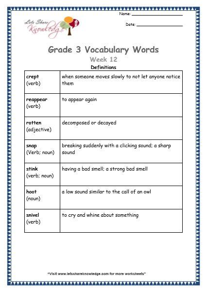 Grade 3 Vocabulary Worksheets Week 12 Definitions Vocabulary Words