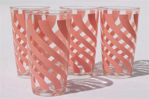 Vintage Hazel Atlas Glass Tumblers Pink Swirl Print Drinking Glasses