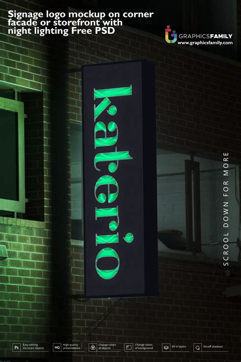 Signage Logo Mockup On Corner Facade Or Storefront With Night Lighting