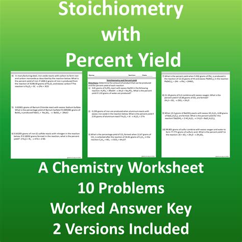 Percent Yield Stoichiometry Chemistry Worksheet 10 Problems With