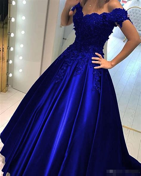 Royal Blue Ball Gown Cheap Prom Dresses V Neck Off The Shoulder Lace 3d