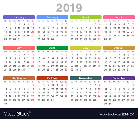 2019 Year Annual Calendar Monday First English Vector Image