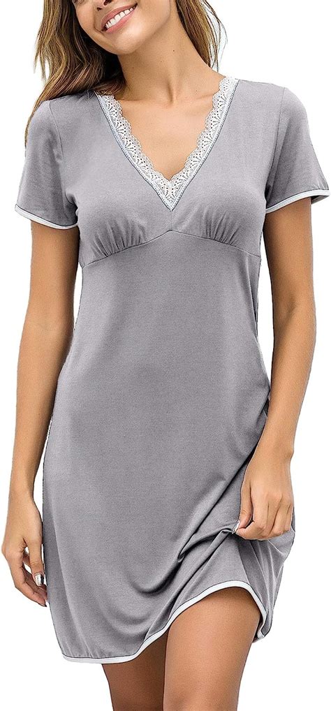 Ekouaer Night Shirts Women Nightgowns Sexy Sleep Shirts Lace Trim V Neck Short Sleeve Night