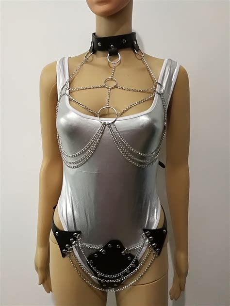 New Arrival B759 Women Leather Harness Silver Slave Bra Body Chains