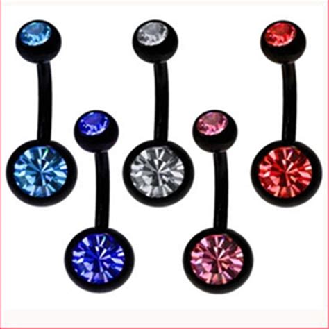 Surgical Steel Black Round Navel Rings Double Red White Crystal Navel