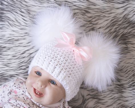 White Baby Girl Double Pom Pom Hat With Bow Preemie Hat Crochet Baby