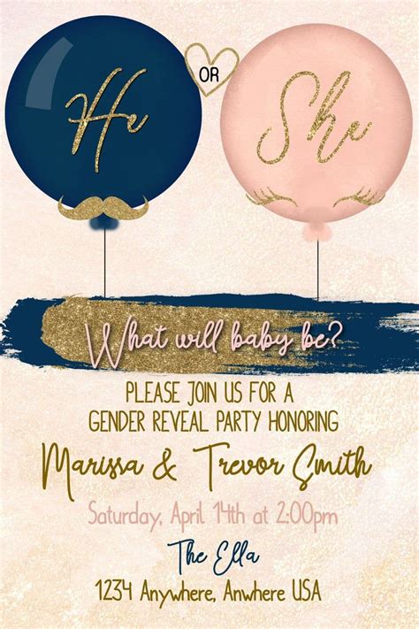 Gender Reveal Invitation Blush Pink And Navy Blue He Or She Etsy