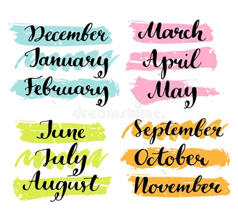Handwritten Months Of The Year Calligraphy Words Stock Vector