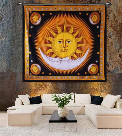 Yellow Indian Sun Moon Wall Tapestry Sun And Moon Tapestry Tapestry