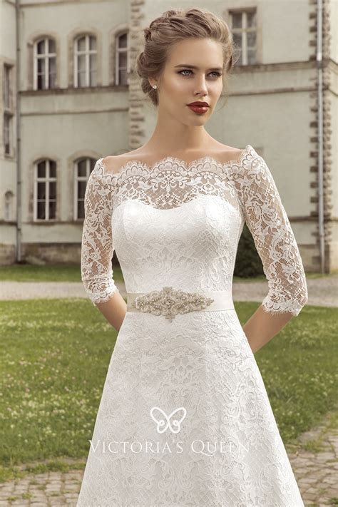 illusion  sleeves empire waist lace wedding dress vq