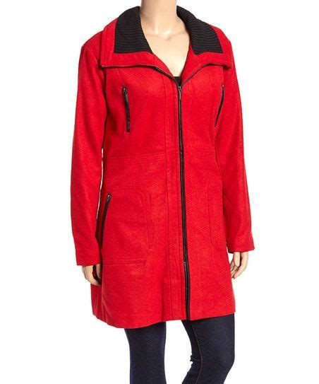 Red Faux Leather Trim Coat Plus Leather Trims Shopping Outfit Coat