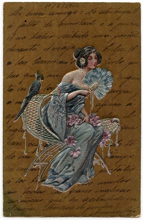 Art Nouveau Postcard Of Lady With Fan And Parrot Pearlized Blue From