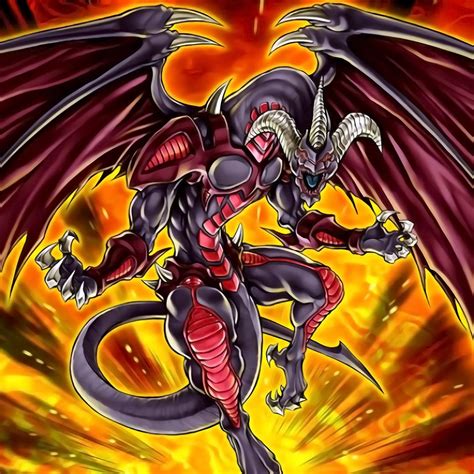 A Dragon With Red And Black Wings On Its Back Standing In Front Of Flames