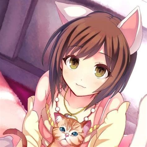 Anime Girl Brown Hair Green Eyes Cat Ears Cat Tail Neko
