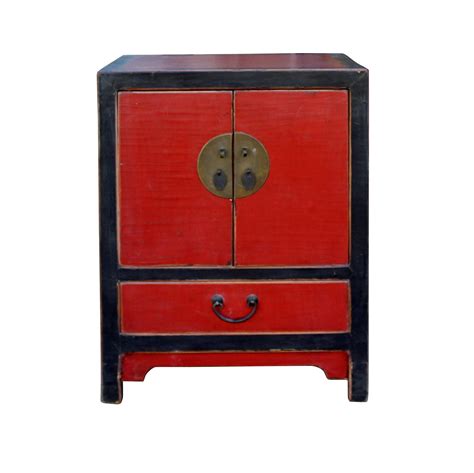Chinese Distressed Black Red Lacquer End Table Nightstand Cabinet on Chairish.com | Red lacquer ...