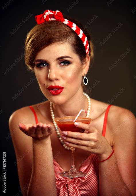 Kiss Blow Of Pin Up Girl Drink Bloody Mary Cocktail Pin Up Retro