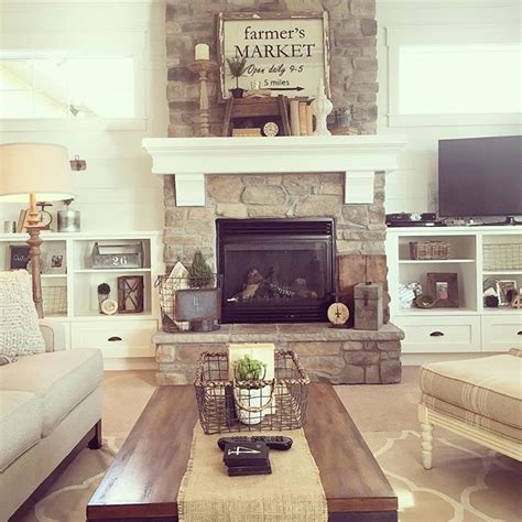 Living Room Decor Rustic Farmhouse Style With Stone Clad Fireplace