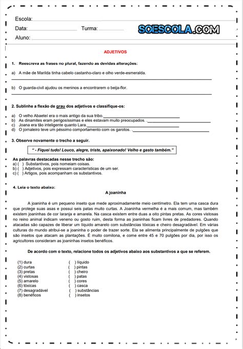 Atividades De Concordância Nominal 6 Ano Fundamental Com Gabarito