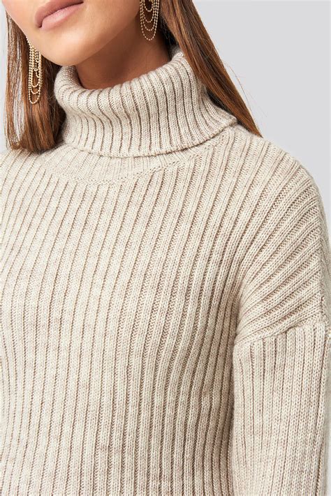 Ribbed Knitted Turtleneck Sweater Beige Na