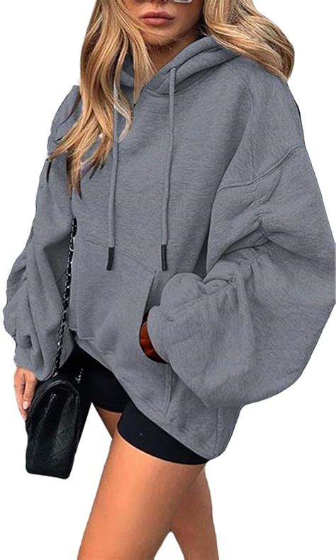 Womens Oversized Hoodie Long Stacked Ruched Sleeve Solid Hoody