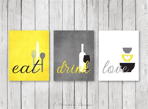 Red green yellow orange pink blue n.b. Kitchen Wall Art Print Set Eat Drink Love by 7WondersDesign