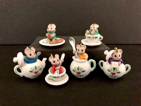 1991 Tiny Tea Party Mice Set6 Porcelain Miniature Hallmark Keepsake