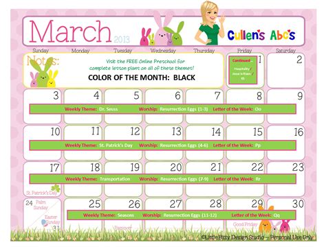 March 2013 Free Online Preschool Calendar Free Childrens Videos
