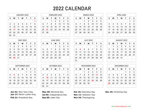 Printable Yearly Calendar 2022 With Us Holidays Free Calendar Free