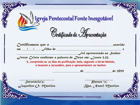 Certificado De Apresentação Na Igreja Evangélica Cultura Notícias