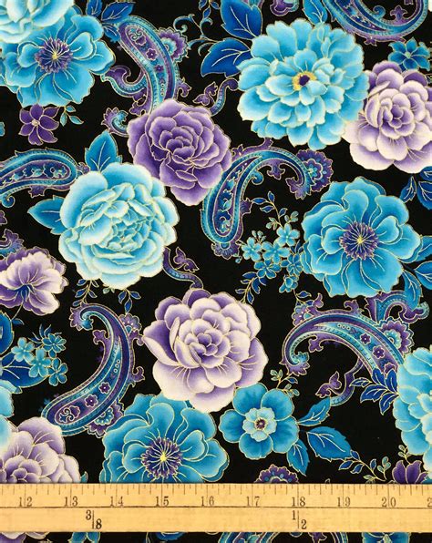 Blue Floral Paisley Cotton Fabric With Gold Highlights Hi Fashion
