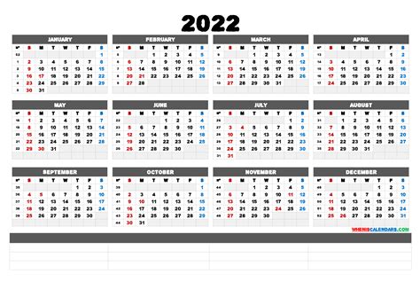 2022 Free Printable Yearly Calendar 6 Templates